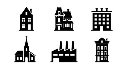 Fototapeta premium Diverse Building Icons Set: Houses, Church, Factory, Apartment, Victorian Architecture