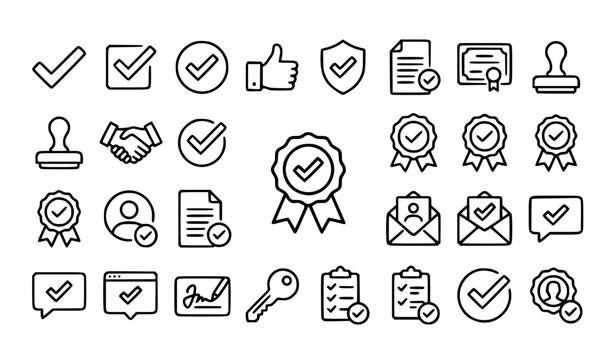 Editable Stroke Approval and Verification Linear Icon Bundle Featuring Check Mark OK Certified and Validation Symbols