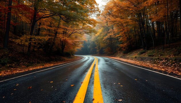 Winding asphalt road through autumn forest. Scenic highway drive during fall season.