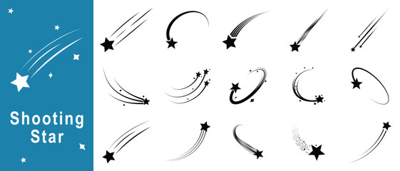 Shooting star icon set. Different star shapes. Shooting stars and starbursts in a clean vector silhouette. © U-Iconic