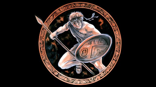 Ancient Greek warrior illustration dynamic pose spear shield terracotta accents dramatic lighting stock art