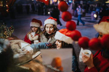 Fototapeta premium Three girls wearing Santa hats drink hot chocolate at an outdoor holiday market stall. A cozy festive scene of friends sharing warm drinks on a winter evening.