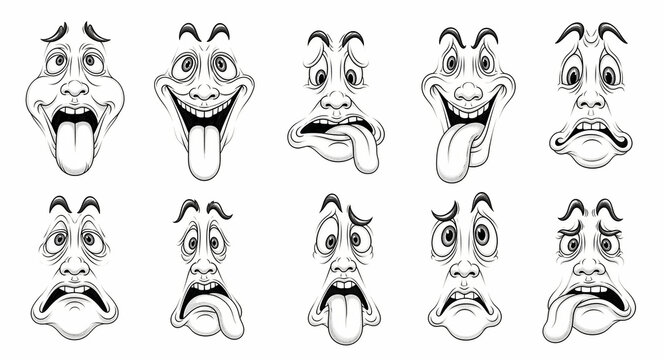 Set of ten expressive cartoon faces with diverse emotions. Hand-drawn line art featuring funny and scared facial expressions. Creative caricature collection for character design and graphic assets.