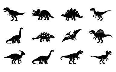 A collection of various dinosaur species silhouettes arranged in a grid pattern presented as isolated on transparent background © Creative_Design