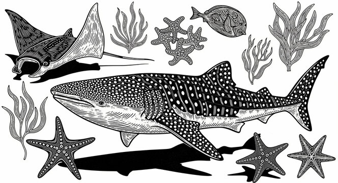 Detailed black and white illustrations of whale shark, manta ray, and starfish. Hand-drawn linocut style marine life set with tropical fish and seaweed. Nautical engraving design for branding.