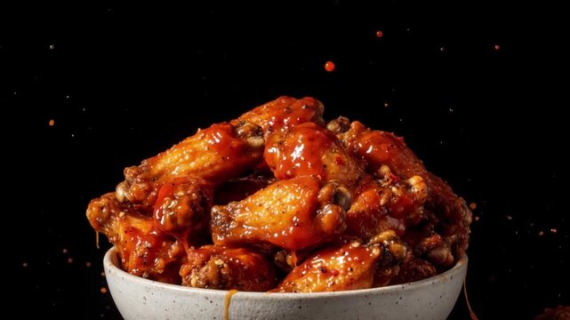 Spicy buffalo chicken wings in a bowl. Delicious fried poultry with hot red sauce glaze.