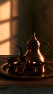 Warm Copper Teapot Set on Wooden Tray Evokes Traditional Craftsmanship and Golden Hour Serenity