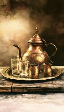 Antique Copper Teapot Still Life Evokes Heritage Tranquility Rustic Aged Charm Vintage Elegance Stock Photo
