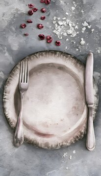 Rustic Vintage Food Still Life with Ceramic Plate Silverware and Dried Berries on Stone
