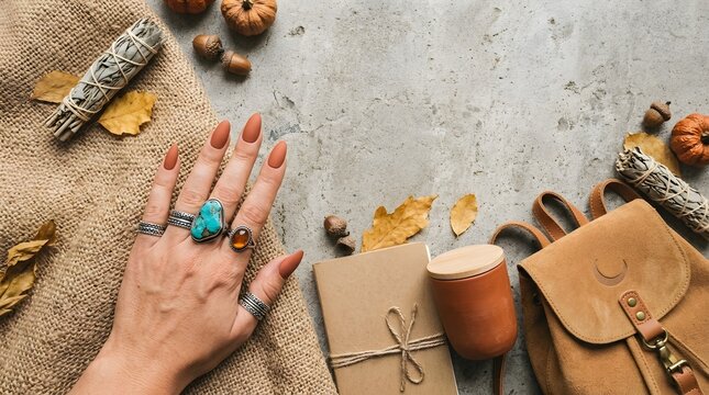 Bohemian autumn flat lay with hand wearing rings and matte manicure