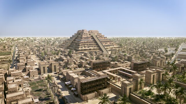 Ancient Mesopotamian Cityscape Ziggurat and Terraces Rise Above Mudbrick Homes
