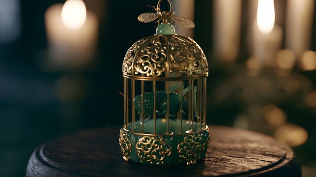 Exquisite cricket cage miniature art a luxurious jade and gold creation on dark wood tabletop