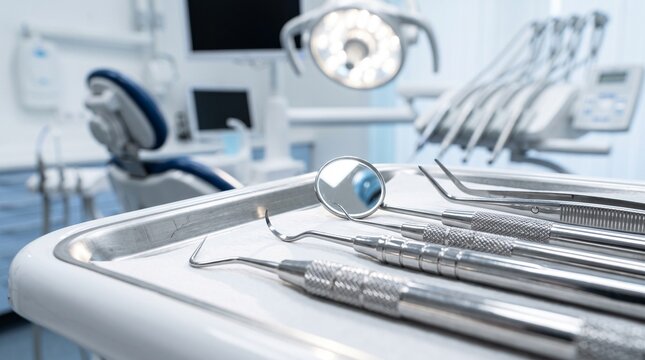 A meticulously arranged set of sterile dental instruments rests on a tray, set against the backdrop of a modern, well-equipped dental operatory.
