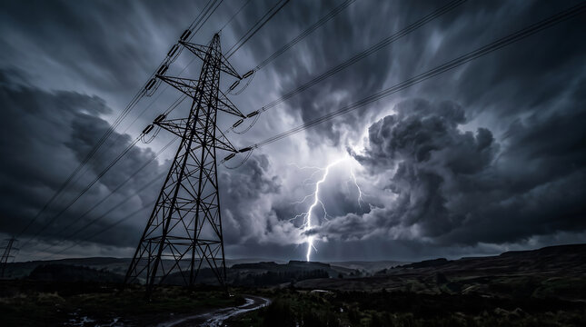 Powerful Lightning Strike Illuminating Stormy Sky Near Tall Electric Transmission Tower Landscape