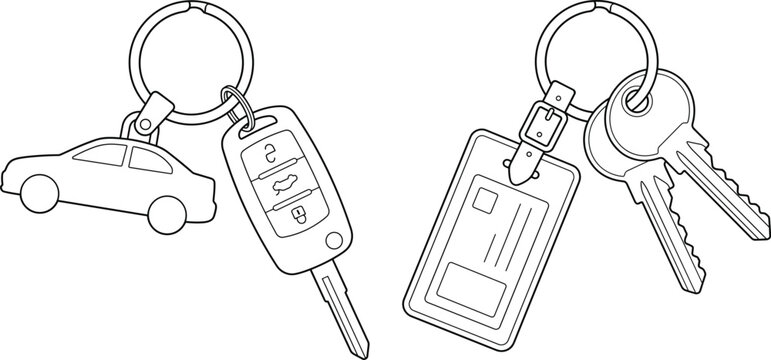 Car Key and House Keys Line Art Illustration Set with Keychain Vector Design