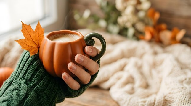 Female hand in green sweater holding pumpkin shaped mug with hot coffee in cozy autumn morning