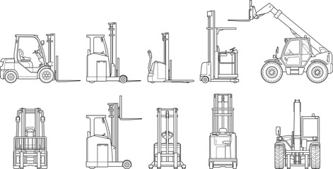 Forklift and Warehouse Lifting Equipment Set Front Side View Vector Line Illustration © MdMahabur