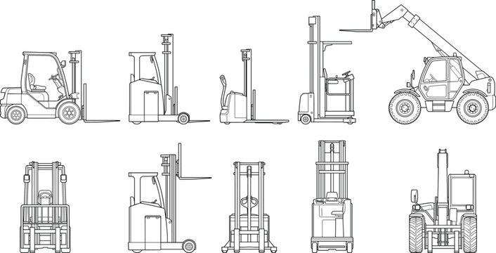 Forklift and Warehouse Lifting Equipment Set Front Side View Vector Line Illustration