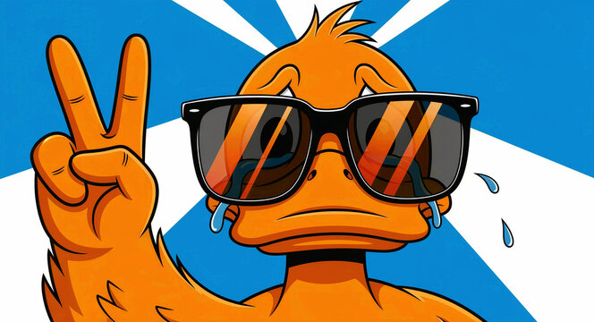 Crying orange duck character wearing sunglasses and showing a peace sign. Comic style illustration with a blue sunburst background. Ironic sadness concept, ideal for social media and memes.