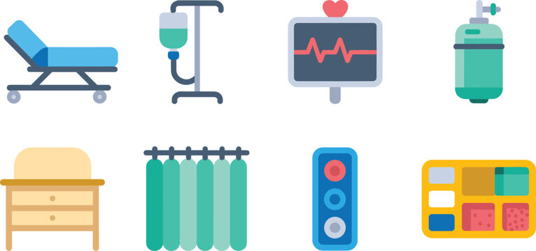 Hospital Equipment Vector Icons with Bed IV Heart Monitor Oxygen Tank Curtains Cabinet Remote Food Tray