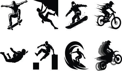 Fototapeta premium Extreme Sports Silhouette Icon Set with Skateboarding Rock Climbing Snowboarding and Motocross