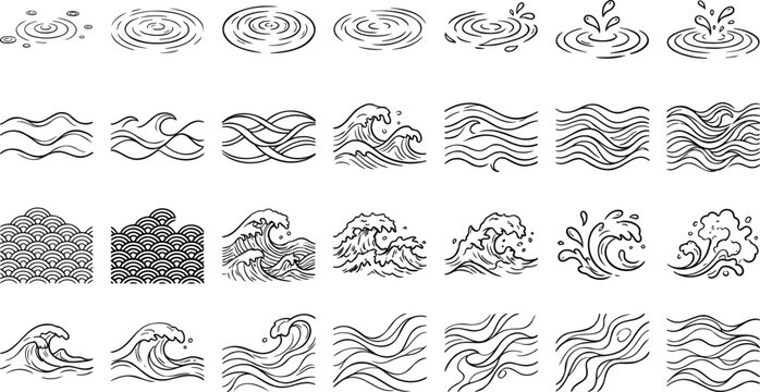 Set of hand drawn water wave and ripple icons