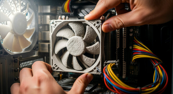 Hands removing a heavily dusty CPU cooler from a computer motherboard. Close-up of dirty hardware components needing maintenance and cleaning. Computer repair and hardware service concept.
