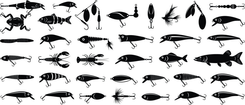 Set of black fishing lures and bait silhouettes