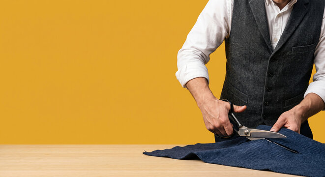 Professional tailor cutting a piece of dark blue fabric on a wooden table surface.