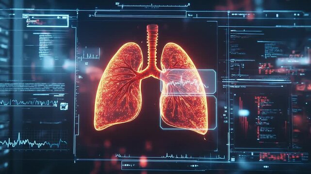 Glowing holographic lungs on futuristic medical display