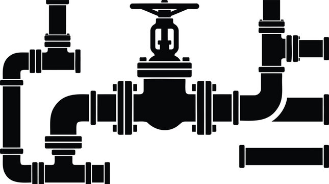 Black industrial pipe system icon with a control valve