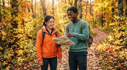Naklejka premium Diverse young couple hiking and looking at a map in an autumn forest.