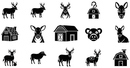 Obraz premium Black and white vector graphic illustration featuring various farm animals and rustic wooden barn buildings