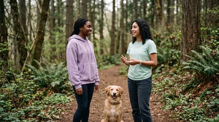 Fototapeta premium Diverse young women talking with golden retriever dog on forest trail.