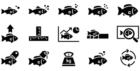 Fototapeta premium Professional black and white fish vector graphic set featuring various data analysis and measurement icons