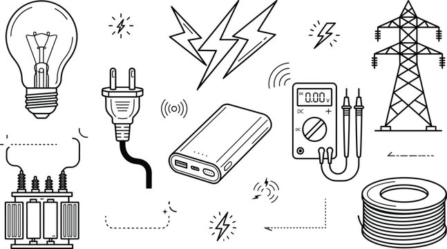 Line Art Electricity and Power Energy Icon Set Featuring Bulb Plug Power Bank Multimeter Tower and Transformer for Electrical Repair and Engineering Design