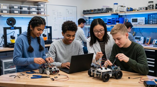 Diverse students collaborating on robotics engineering project with laptops in modern science lab.