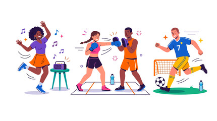 Fototapeta premium Diverse people enjoying various sports and activities: dancing, boxing, and soccer.