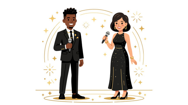 Stylish Couple Hosting Event with Microphones, Glittering Stars Background