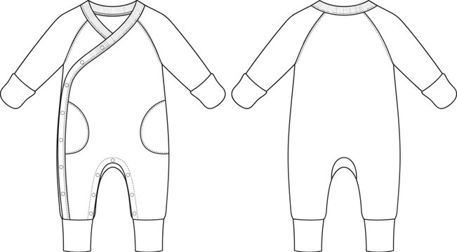 Technical flat sketch of a cute baby crossover long sleeve romper with snap buttons front and back view
