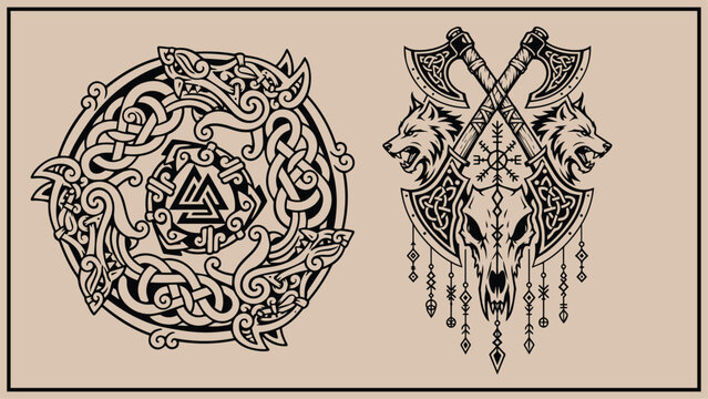 Valknut shield and Viking wolf emblem with crossed axes, Norse knotwork vector illustration
