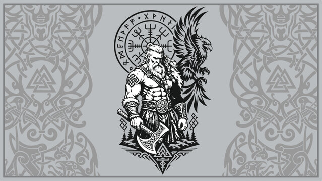 Odin warrior with raven, Vegvisir and Valknut, Norse mythology vector illustration