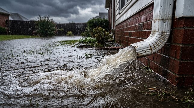 Heavy rainwater gushing out of a white residential roof gutter pipe causing severe backyard flooding