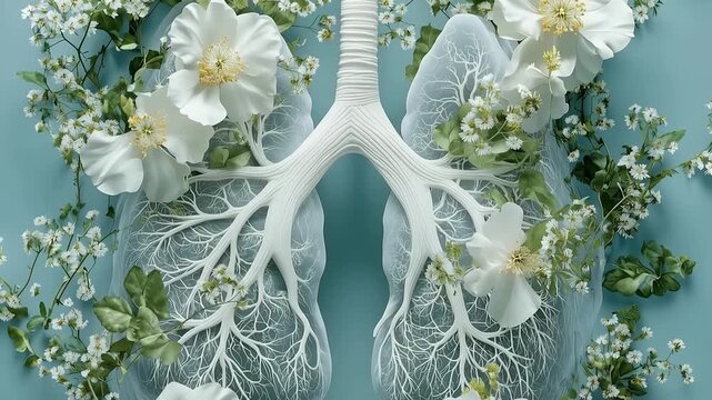 Anatomical lungs entwined with white flowers