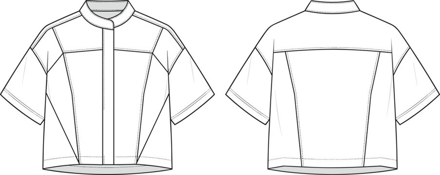 Technical flat sketch of a women casual short sleeve boxy jacket with mandarin collar and panel lines front and back view