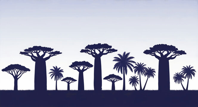 Silhouettes of baobab and palm trees against a clear sky background. African savanna landscape illustration with tropical flora and minimalist design. Exotic nature and travel concept.