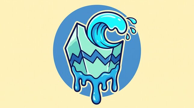 Vibrant illustration ice melting into water with wave effect climate awareness emblem design with evoking themes environmental change fluidity modern graphic style