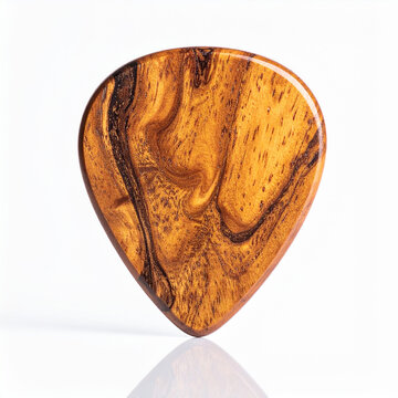 Natural wooden guitar pick isolated on white background, smooth polished surface with visible wood grain, clean product mock-up, minimalist music concept. Close-up.