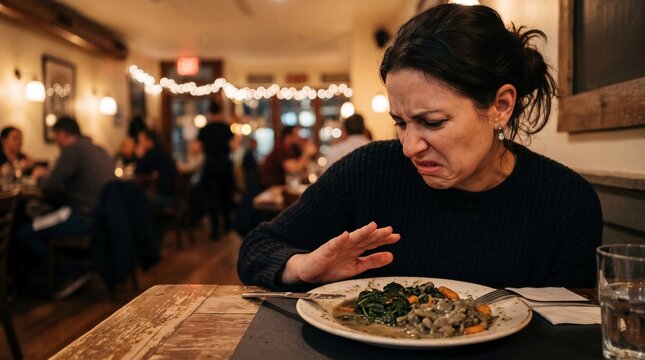 Woman Expressing Disgust at Food in Restaurant
