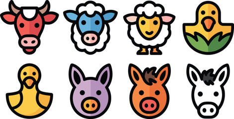 Naklejka premium Cartoon Farm Animal Faces Vector Set with Cow Sheep Chick Pig Horse Donkey